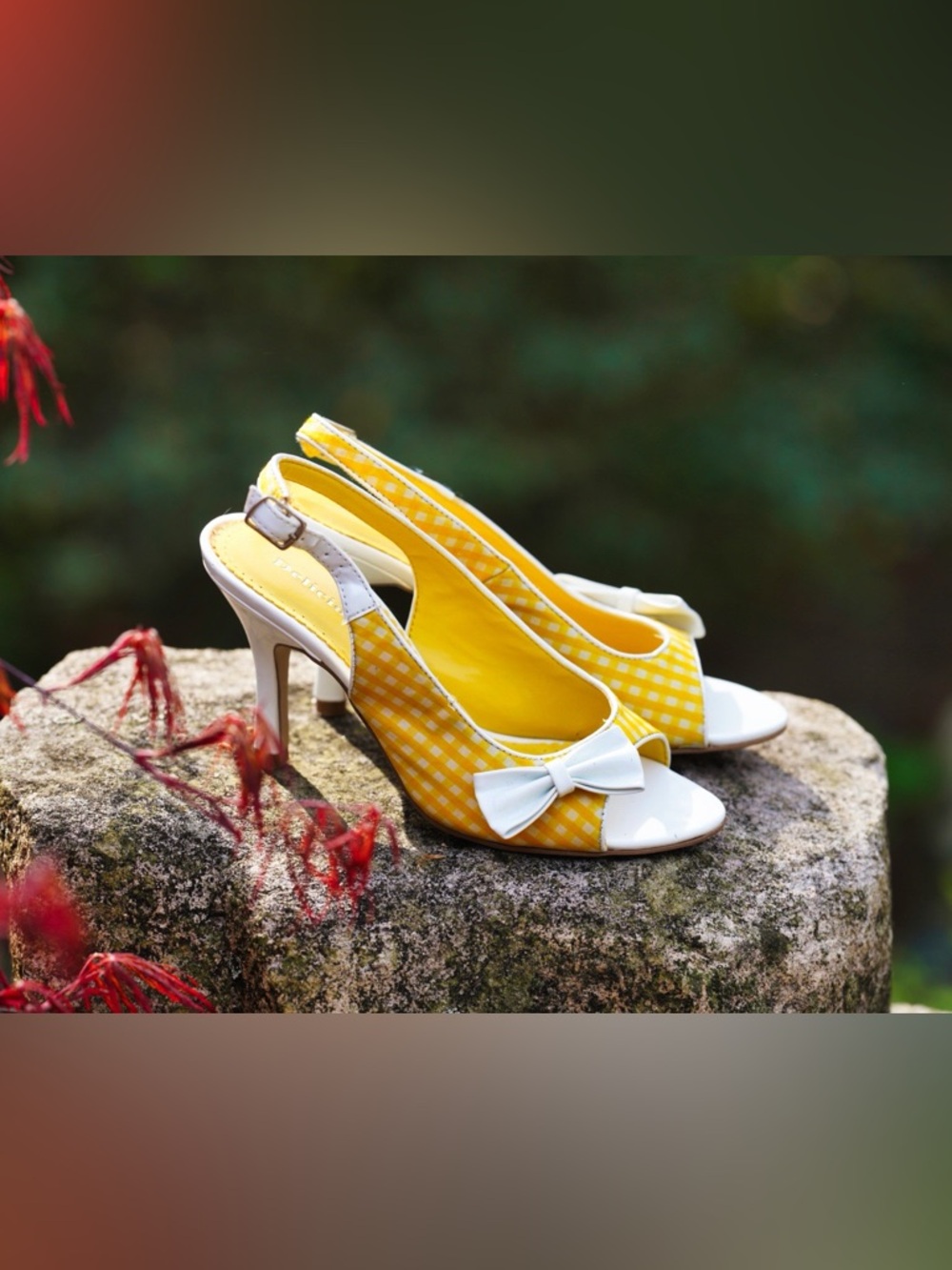 Delicious Yellow & White Gingham Peep Toe Slingback Heels - Picture 4 of 15